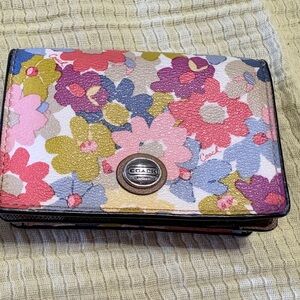 Coach Floral Compact Wallet in Pink, Purple, Blue, Yellow & Cream